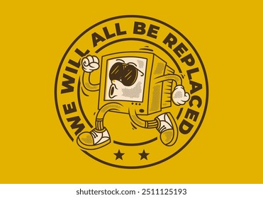 Computer monitor character illustration in running pose with retro vintage style