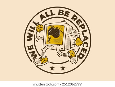 Computer monitor character illustration in running pose with retro vintage style