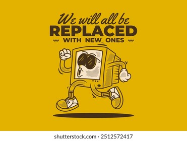 Computer monitor character illustration in running pose with retro vintage style