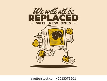 Computer monitor character illustration in running pose with retro vintage style