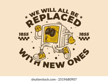 Computer monitor character illustration in running pose with retro vintage style