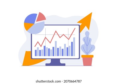 Computerüberwachung mit Charts Rendite auf Investitionen, Wachstum und Rückgang der Aktien. Erfolgreiche Anlagestrategie, Geschäftskonzept. Kuchendiagramm, Kapitalerhöhung, Umsatzwachstum. Vektorgrafik