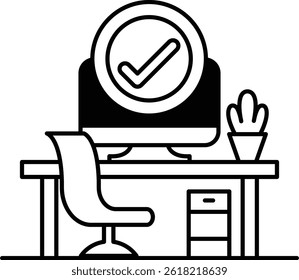 A computer monitor with a check mark on it sits on a desk with a chair