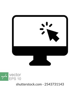 Icono de glifo del cursor del Hacer clic del monitor de computadora. Signo de estilo sólido simple para el concepto móvil y el Diseño web. Ratón, PC, escritorio, pantalla. Ilustración vectorial aislada. EPS 10.