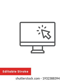 Computer Monitor Click Cursor Line Icon. Simple Outline Style Sign For Mobile Concept And Web Design. Mouse, PC, Desktop, Display. Vector Illustration Isolated. Editable Stroke EPS 10