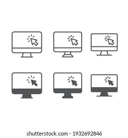 Computer monitor click cursor line and glyph icon set. Simple outline and solid style sign for mobile concept and web design. Mouse, PC, desktop, display. Vector illustration. EPS 10