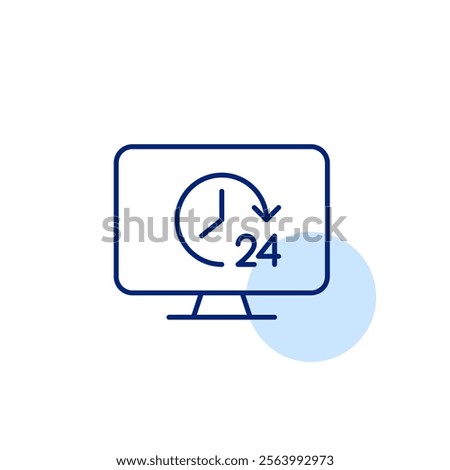 Computer monitor with clock and 24 hour symbol. Constant connectivity, digital hub, data backup. Pixel perfect, editable stroke icon