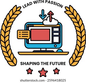 A computer monitor with a cloud and a red arrow pointing up. The image is titled "Lead with Passion" and is surrounded by a gold leaf