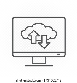 Computer monitor cloud service line icon. Info exchange through clouds technology on white transparent background. Wireless network service communication