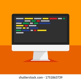 Computer monitor with code on a display. Web developer, design, programming. Coding concept. Isolated vector illustration.