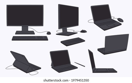 Computer monitor collection in flat cartoon style. Business technology  set. Different notebooks and graphics tablets.