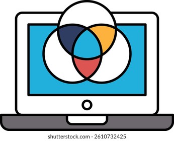 A computer monitor with a colorful design on it. The design is a combination of three circles, each with a different color. The colors are red, blue, and yellow. The design is abstract and artistic