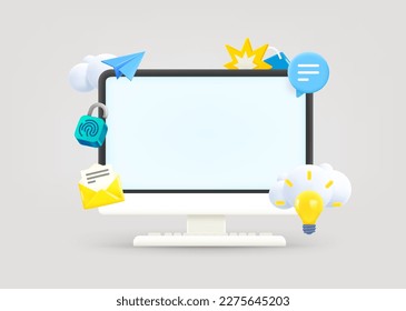 Computer monitor with communication elements and blank screen. Web communication concept. 3d vector illustration