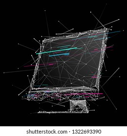 A computer monitor composed of polygons. Low poly vector illustration. Gadget consists of lines dots and shapes. Internet or devices and computer symbol. Isolated white on black background with glitch