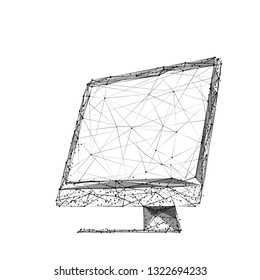 A computer monitor composed of polygons. Low poly vector illustration. Gadget consists of lines, dots and shapes. Internet or digital or devices and computer symbol. Isolated black on white background