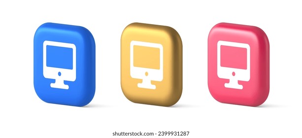 Computer monitor connection button cyberspace digital technology 3d realistic blue gold and pink icons. Internet browsing searching display entertainment screen app interface panel