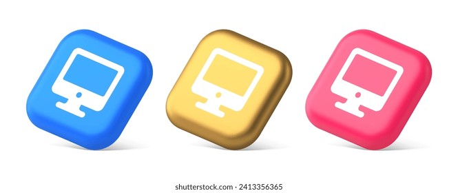 Computer monitor connection button cyberspace digital technology 3d realistic blue gold and pink icons. Internet browsing searching display entertainment screen app interface panel
