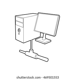 Computer monitor and cpu unit icon in outline style on a white background