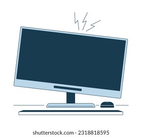 Computer monitor crackling flat line color isolated vector object. Damaged desktop hardware. Editable clip art image on white background. Simple outline cartoon spot illustration for web design