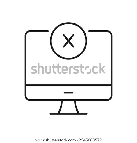 Computer Monitor with Cross Sign Line Icon. Error or Cancel Action on Desktop Screen Outline Symbol. Editable Stroke. Isolated Vector Illustration.