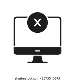 Computer Monitor with Cross Sign Silhouette Icon. Error or Cancel Action on Desktop Screen Glyph Symbol. Isolated Vector Illustration.