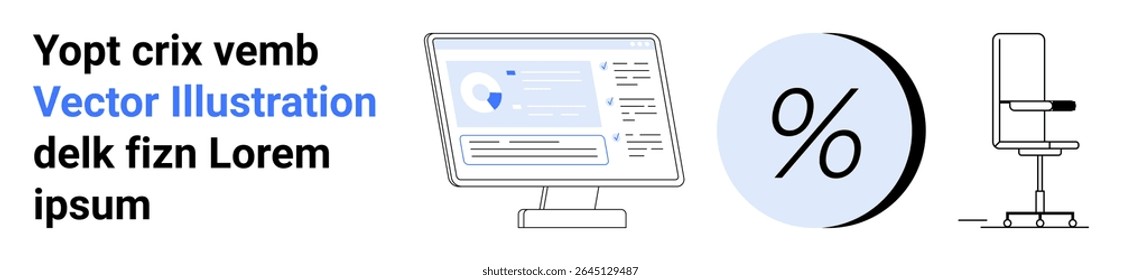 Computer monitor with dashboard, large percentage symbol, office chair. Ideal for finance, technology, office setup, business analytics, workspace organization, productivity tools, and ergonomic