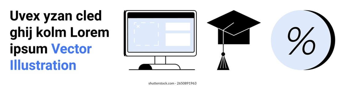 Computer monitor with data, graduation cap, and percentage icon in black and white. Ideal for education, e-learning, online courses, tutorials, data analysis, academic success, and progress tracking