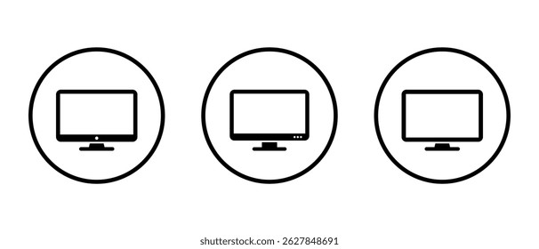 Computer monitor, desktop screen icon set on circle line. Pc display sign symbol