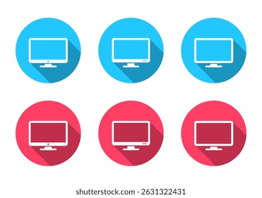Computer monitor, desktop screen icon set with long shadow. Pc display sign symbol