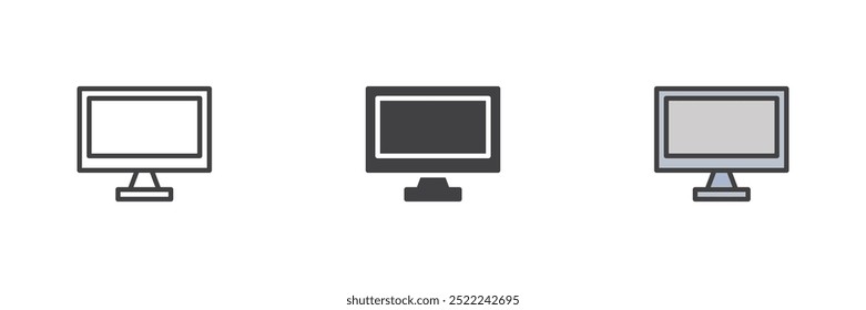 Computer monitor different style icon set. Line, glyph and filled outline colorful version, outline and filled vector sign. PC display symbol, logo illustration. Vector graphics