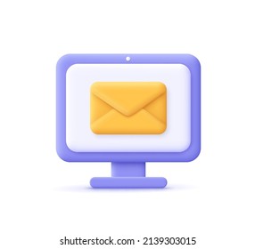 Computer monitor display and envelope. Mail service, e-mail message, mail notification, social network concept. 3d vector icon. Cartoon minimal style.