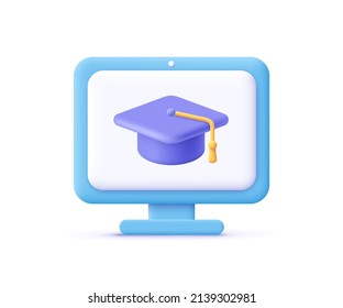 Computer monitor display   graduation cap  Online education  e  learning  online training  workshops   courses  3d vector icon  Cartoon minimal style 