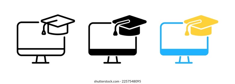 Computer monitor display and graduation cap. Online education, e-learning, online training, workshops and courses.