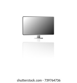Computer monitor display with mirror reflection on the table isolated on white background.