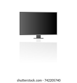Computer monitor display with mirror reflection on the table isolated on white background.