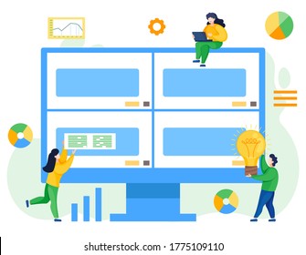 Computer monitor or display. Teamwork concept. Office workers people solving work problems at video conference, man has new idea for project, woman working with laptop, girl analysing information
