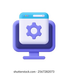 Computer monitor display with webpage browser and gear. Online support, settings, repair service and technical support concept. 3d vector icon. Cartoon minimal style.