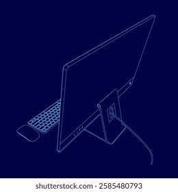 A computer monitor is displayed with a keyboard and mouse on the left side. The monitor is placed on a stand, and the keyboard is positioned next to it. Concept of organization and efficiency