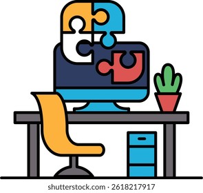 A computer monitor is displayed on a desk with a chair and a potted plant. Concept of productivity and focus, as the computer is a tool for work