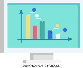 Computer monitor displaying bar graph with abstract figures analyzing data. Business analytics and performance growth concept vector illustration.
