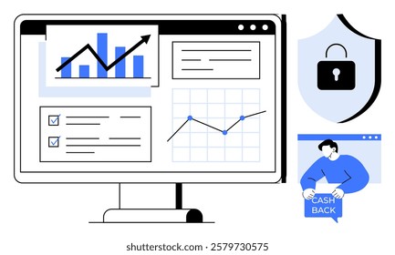 Computer monitor displaying charts, graphs and documents, a cybersecurity shield icon and a person holding a cashback sign. Ideal for business analytics, data visualization, cybersecurity, financial