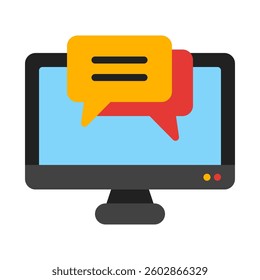 Computer monitor displaying chat bubble suitable for virtual meetings, online communication, messaging apps, social media, and digital marketing concepts.
