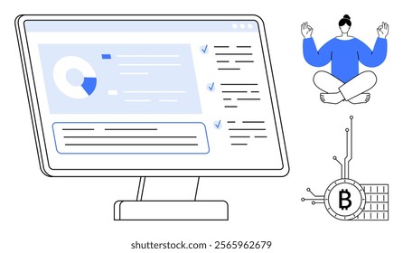 A computer monitor displaying cryptocurrency data analytics. A person meditating in lotus pose symbolizes balance. Ideal for technology, cryptocurrency, data analysis, mindfulness, finance