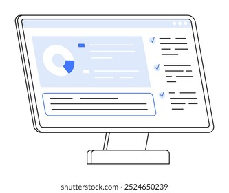 Monitor de computador exibindo um painel com um gráfico de pizza, listas de verificação e informações textuais. Ideal para tecnologia, lógica analítica, gerenciamento, produtividade, interface de usuário, visualização de dados. Minimalista, modo