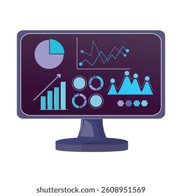 Computer monitor displaying data analytics with charts, graphs, and visualizations on purple background