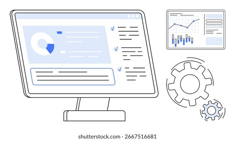 Monitor de computadora que muestra el panel de análisis de datos con gráficos y listas de verificación, acompañados de engranajes que representan la automatización. Ideal para análisis de negocio, gestión de proyectos, optimización de procesos