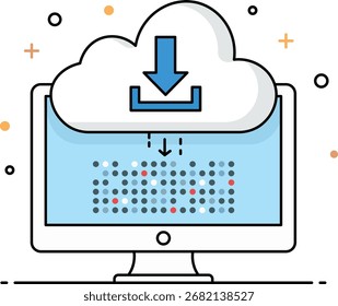 Computer Monitor Displaying Data Grid with Cloud Download Icon on White Background Keywords