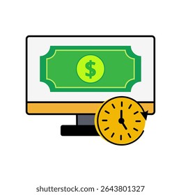 A computer monitor displaying a dollar bill, with a clock icon overlapping. Ideal for online banking, financial management, e-commerce, and time-sensitive transactions.