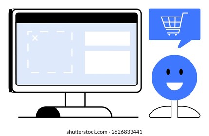 Monitor de computador exibindo o painel de controle de e-commerce com um ícone de bate-papo de carrinho de compras e um ícone de cliente feliz. Ideal para varejo online, atendimento ao cliente, plataformas de comércio eletrônico, design de site, digital