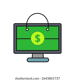 A computer monitor displaying a green screen with a dollar sign inside a shopping bag icon. Ideal for online shopping, e-commerce platforms, and digital retail.